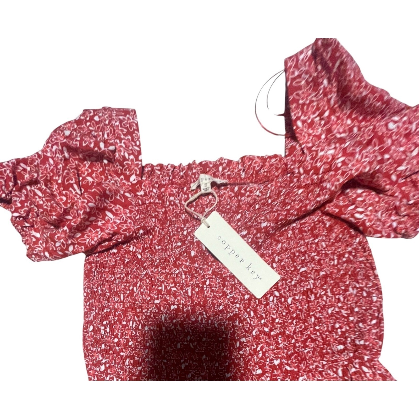 Copper Key Red Floral Smocked Puff Sleeve Mini Dress Square Neck NWT Size S