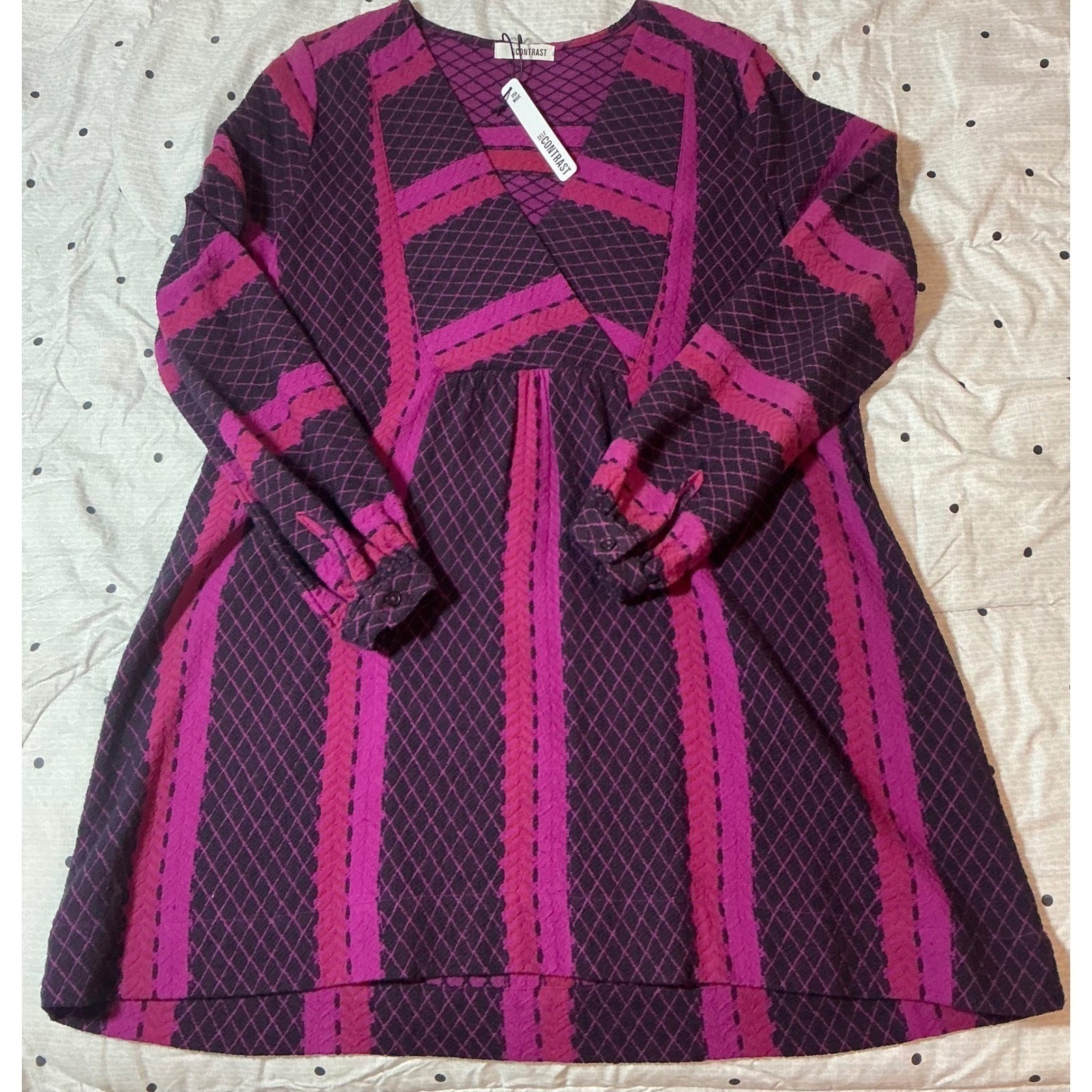 Self Contrast Nepal V-Neck Yoke Dress Violet Pink Geometric Diamond