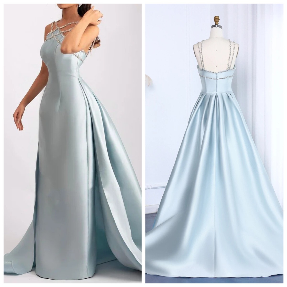 Exquisite Blue Satin Ball Dress Sleeveless Zipper Rear Sweep Train Evening Gown