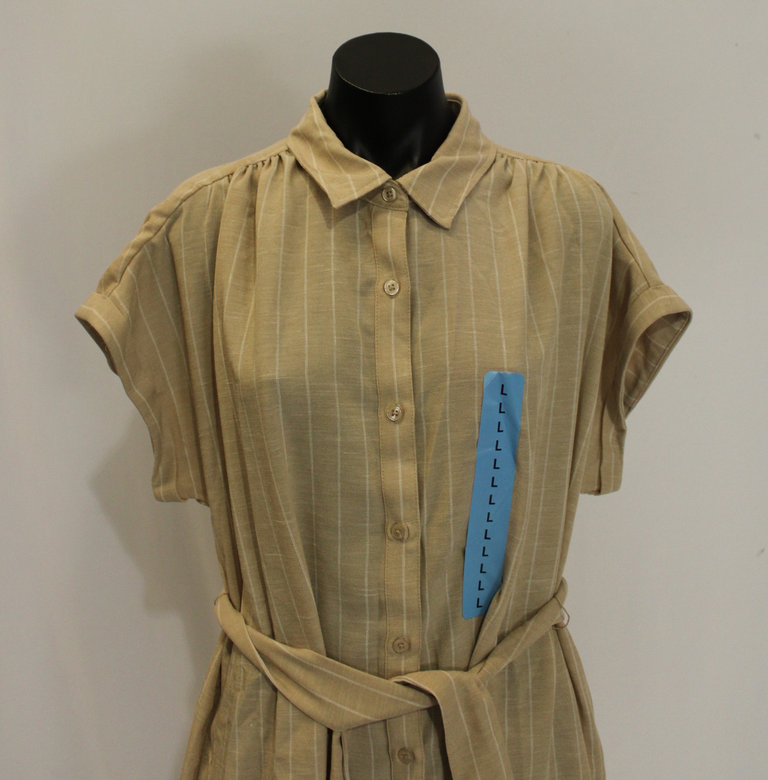 Nine West Women’s Tie Waist Midi Button-Up Shirt Dress CN6 Khaki Large NWT