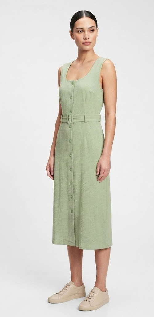 NWT Emma & Michele Womens Sage Sleeveless Belted Midi Button Front Dress Size L