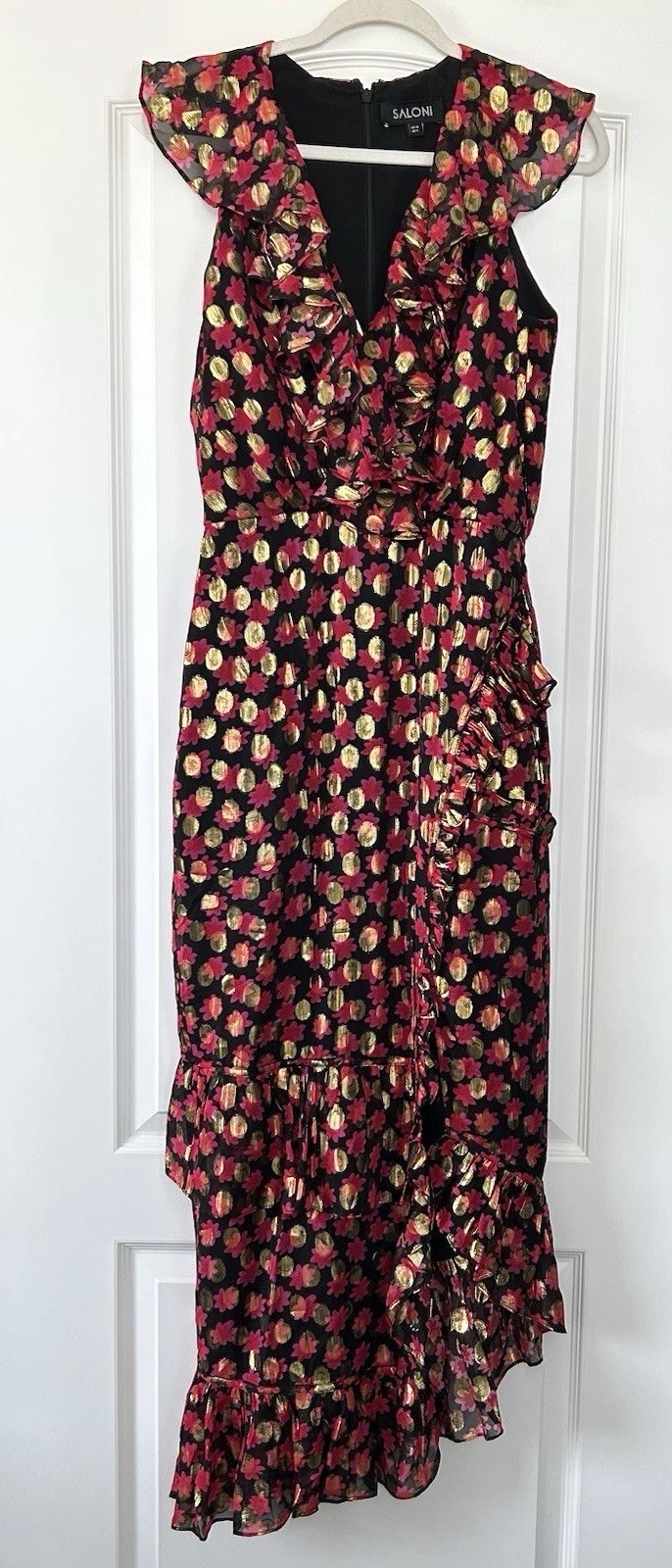 SALONI ANITA Ruffled Fil Coupe Chiffon Midi Dress 6 Silk Blend Cocktail Evening