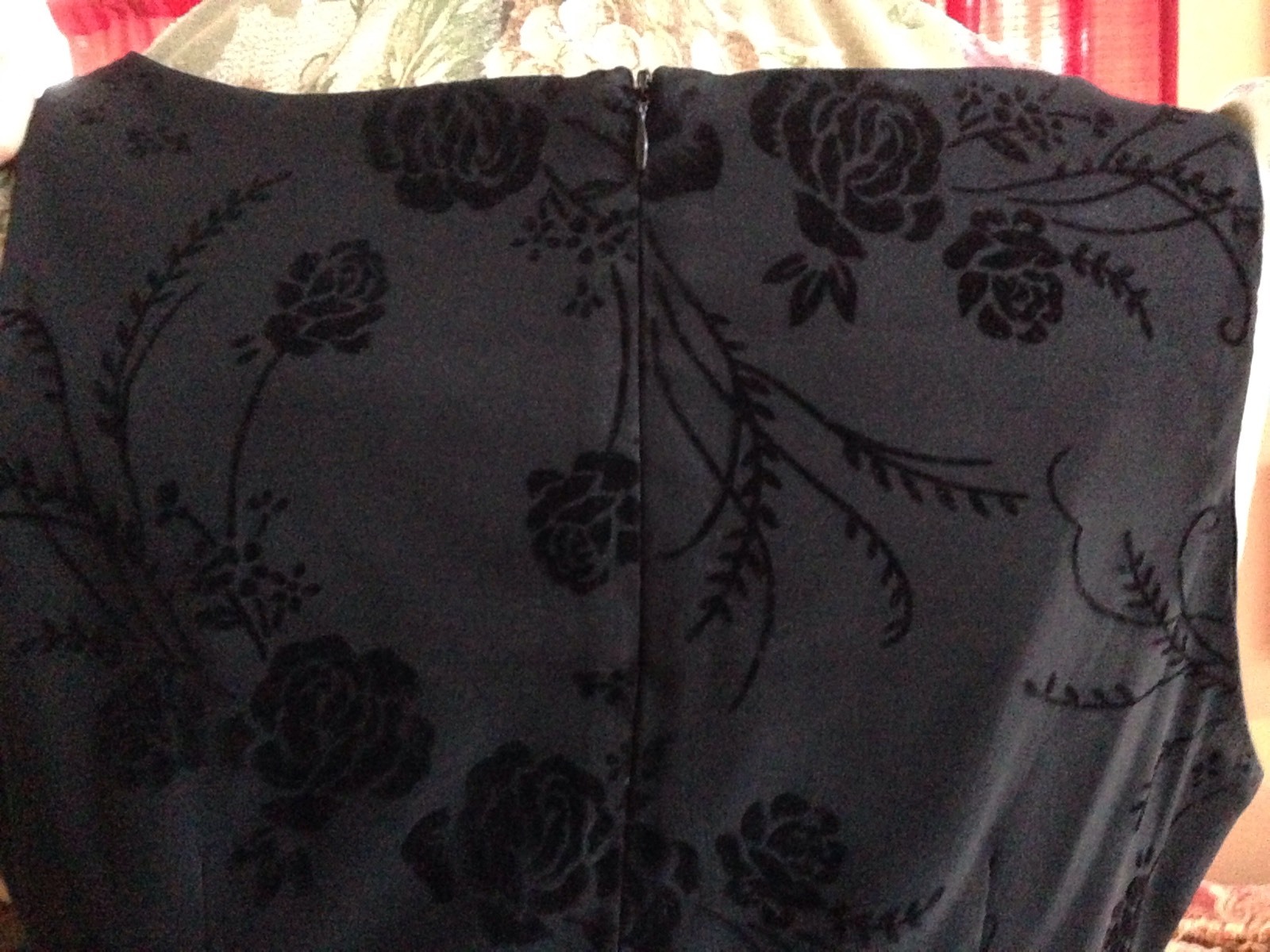 CDC Little Black Dress, Size 14 with Velour Floral Pattern. 97% poly/3% spandex