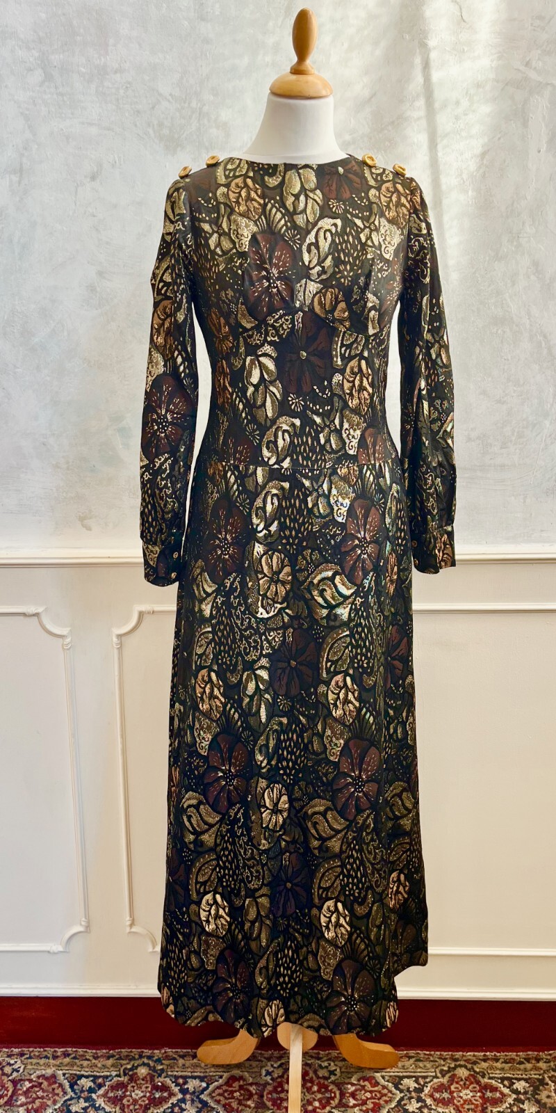 Vintage Homemade Black Gold Brown Metallic Floral Brocade Maxi Occasion Dress 8