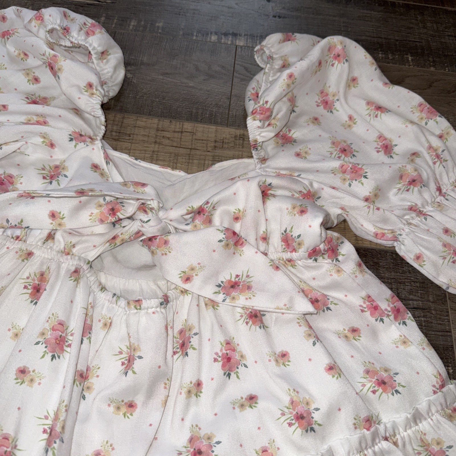 Storia White And Pink Floral 3/4 Ruffle Sleeve Tired Mini Dress Size S Cottage🔥