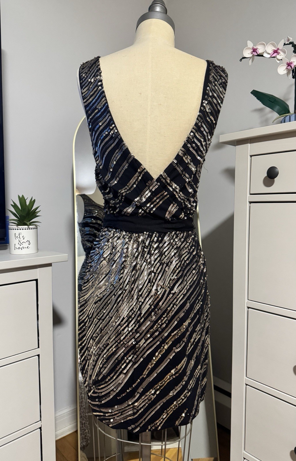 Express Black Gold Sequin Midi Dress Deep V Open Back Satin Belt Size Small