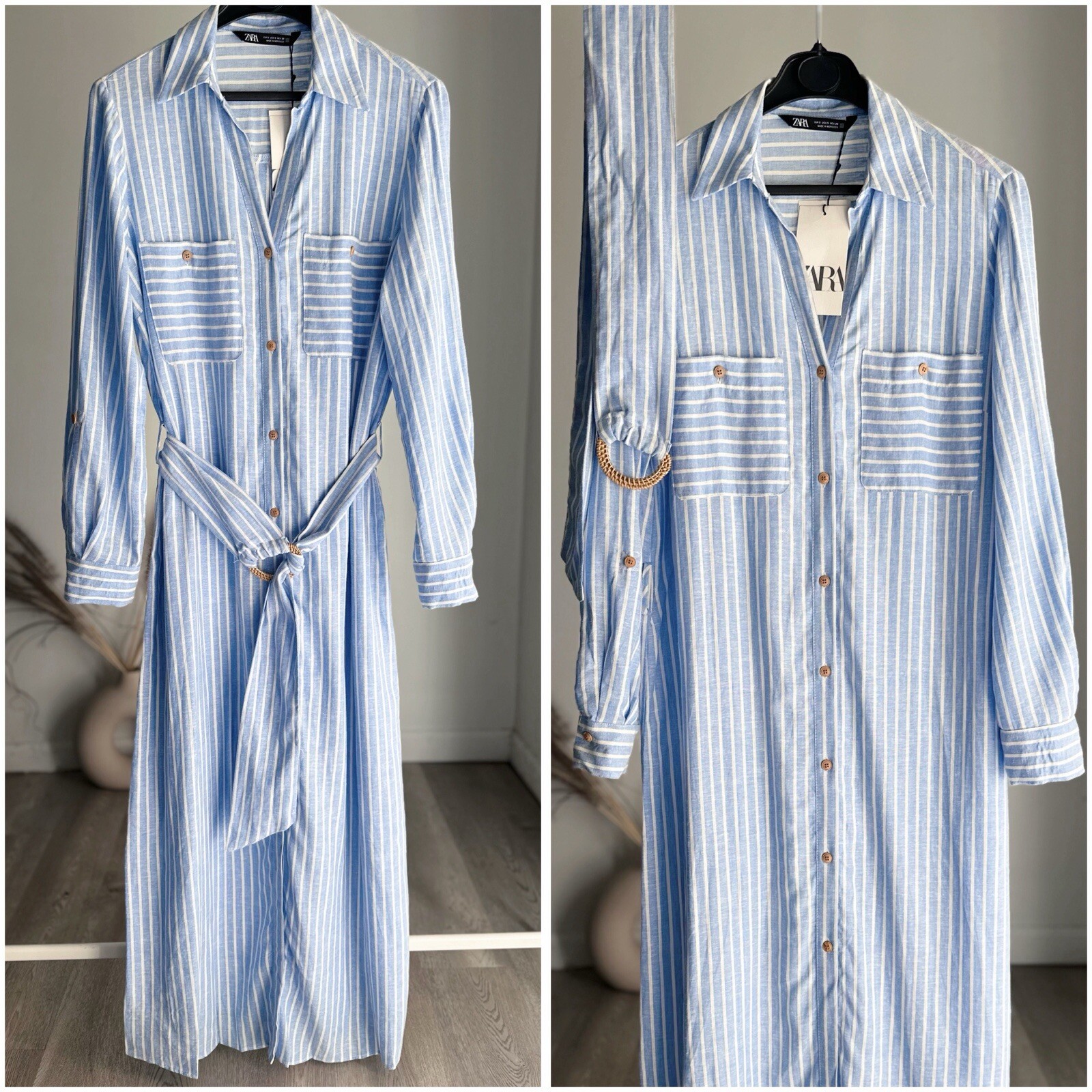 ZARA LINEN BLEND MIDI SHIRTDRESS STRIPED BLUE BELTED NWT XS S M L XL XXL