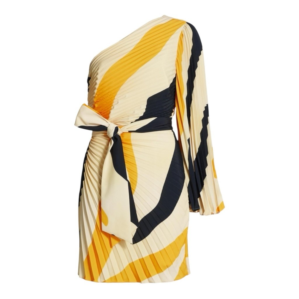 Milly One Shoulder Linden Zebra Pleated Mini Dress Size 8 Beige Yellow Black