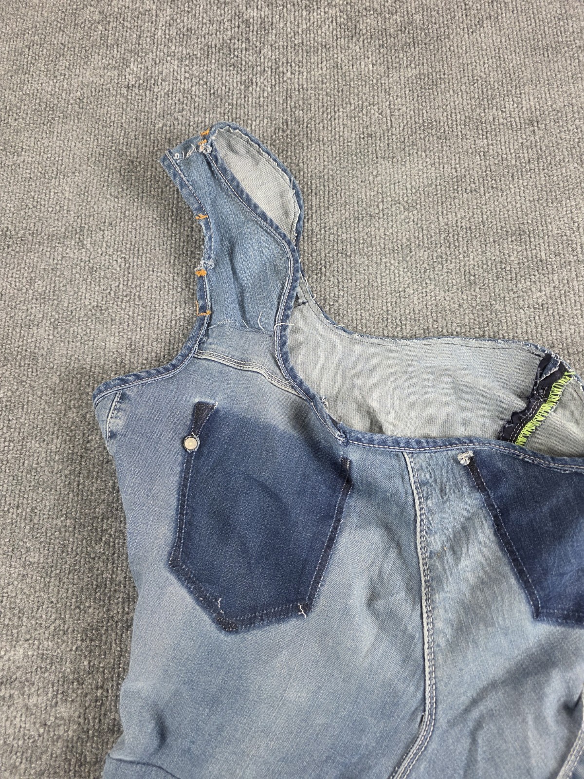 Handmade Patchwork Denim Dress Edgy Upycled Art to Wear Blue One Shoulder 32″