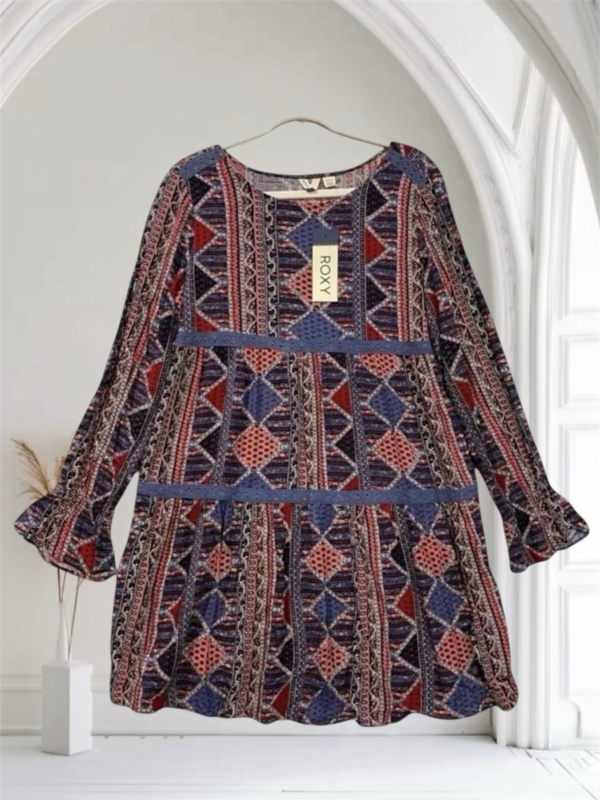 Roxy Womens Lace Inset Ruffle Sleeve Dress Size Medium Peasant Boho Chic NWT