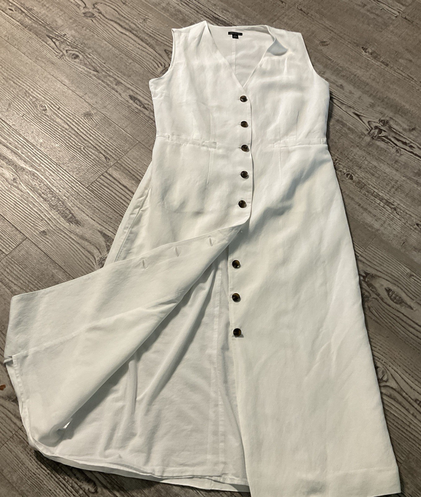 Ann Taylor White Linen Blend Button-Down Vest Dress Sleeveless Midi Size 8