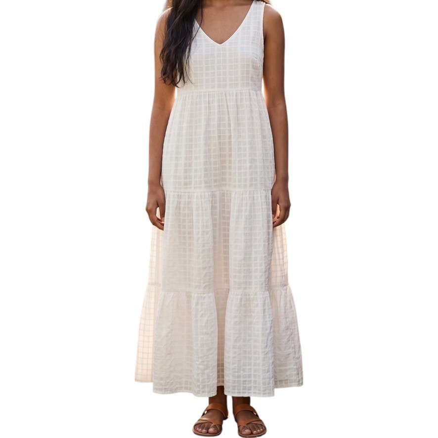 GAP Tiered Midi Dress XS White Cotton Plaid V-Neck Lined Pockets Ivory Frost