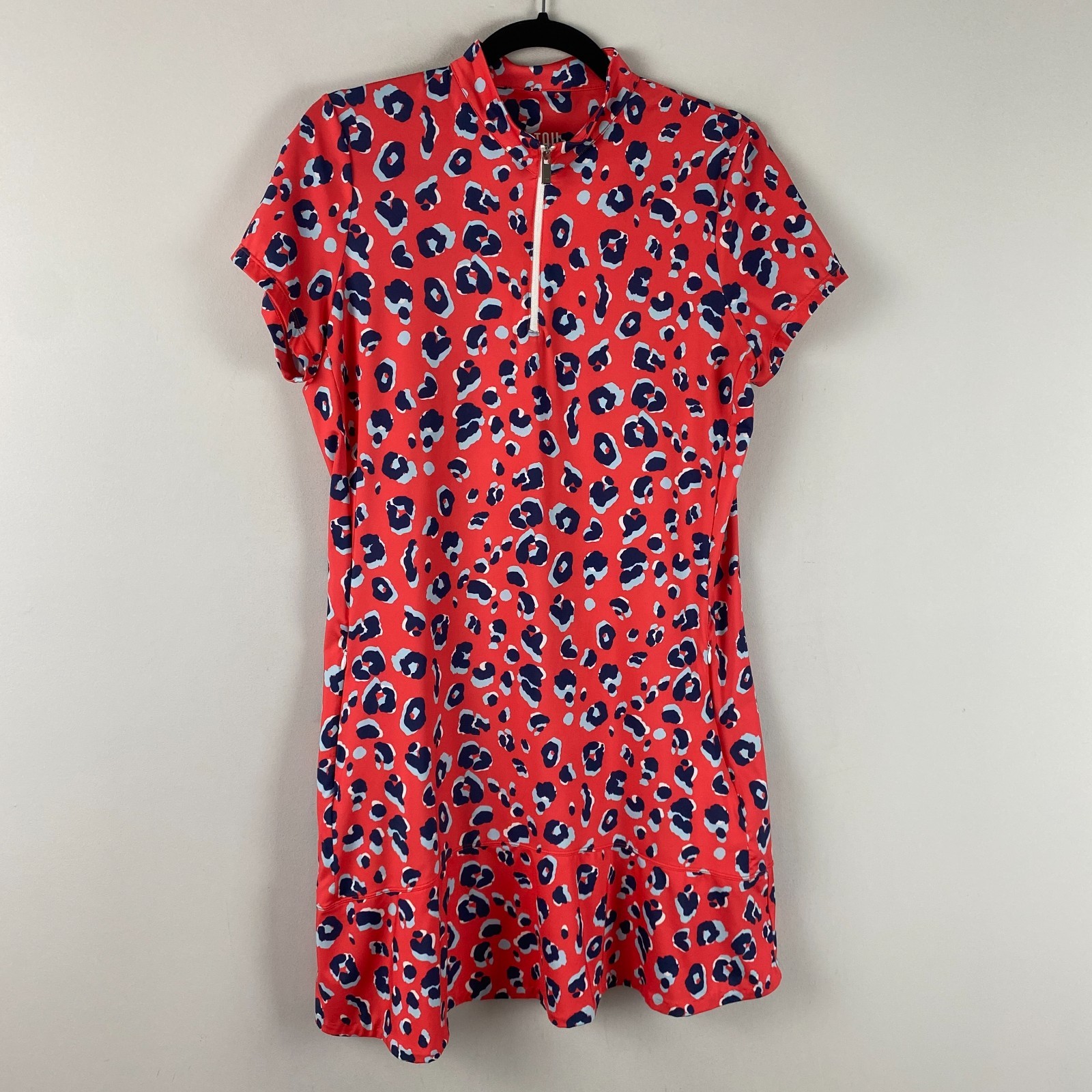 Tail Athletic 1/4 Zip Dress Womens M Short Sleeve Bright Red Navy Animal Print