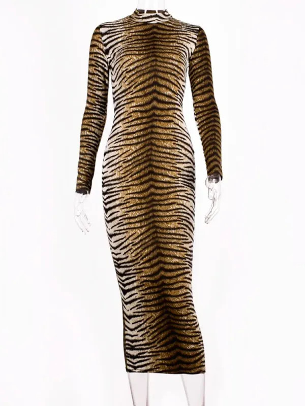 leopard print long sleeve slim bodycon sexy dress autumn winter women streetwear