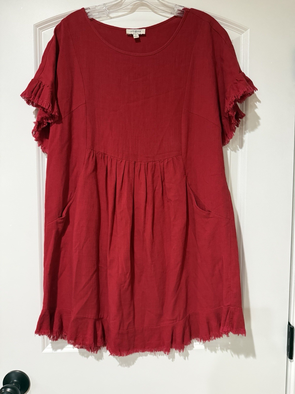 Umgee Red Linen Rayon Shift Dress Fringe Trim Pockets Flutter Sleeve S