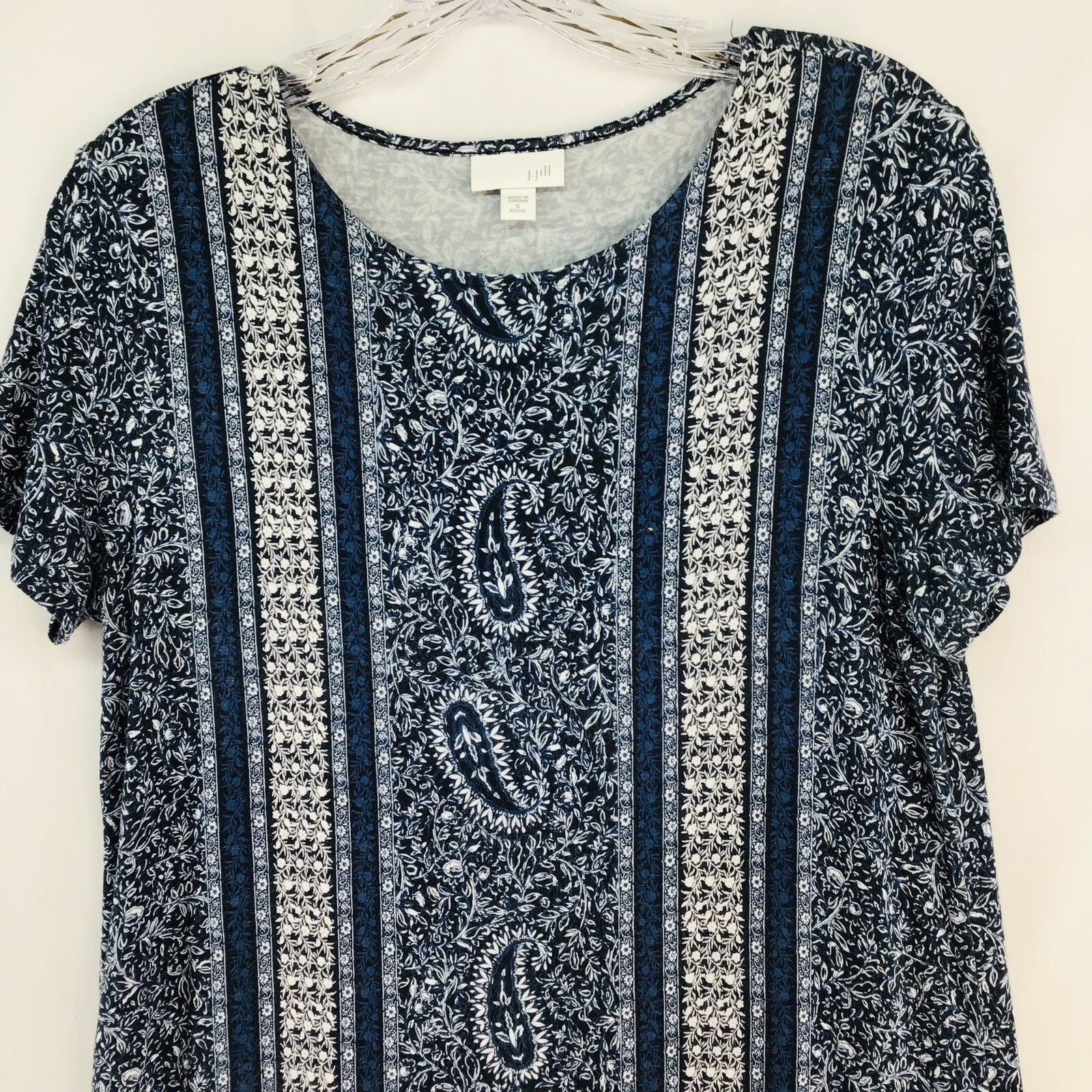 J.JILL Women’s Petite Small Dress Blue White Paisley Stripe Jersey Knit Boho