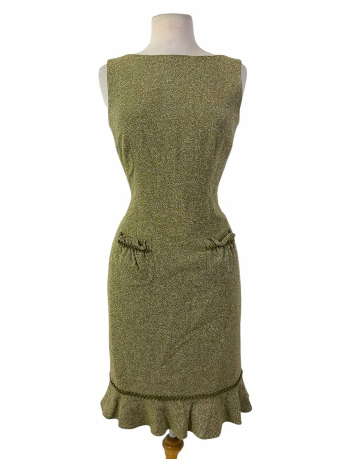 David Meister Olive Green Wool Boucle Ruffle Hem Sleeveless Sheath Dress 6