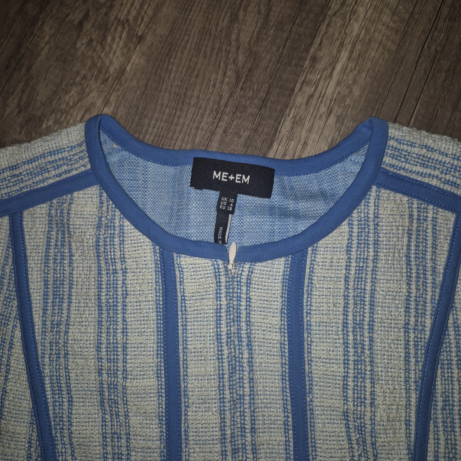 ME+EM Blue Beige Striped Round Neck Short Sleeve A-Line Short Dress US 6