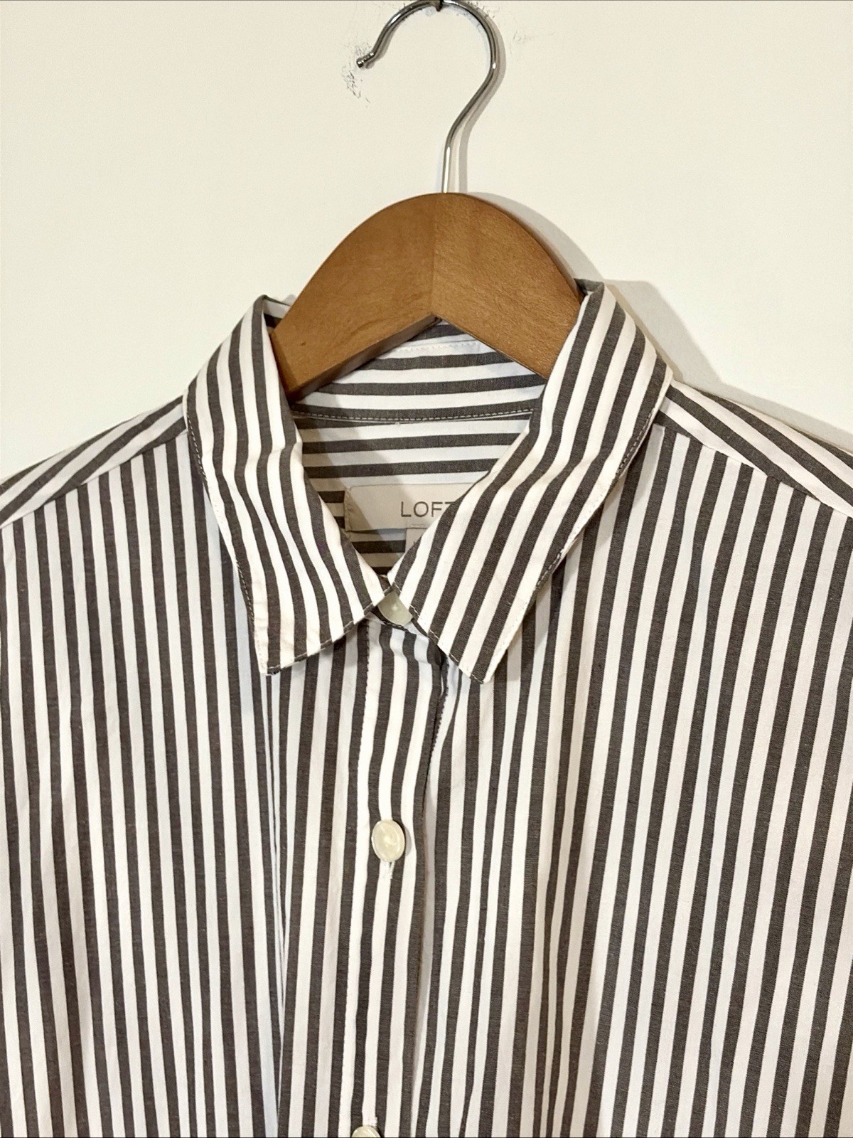 LOFT Petite Large Gray White Stripe Maxi Shirt Dress Button Front Cotton Stretch