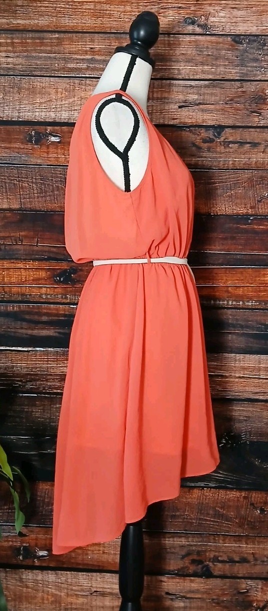 Double Zero Dress Large Belted Elastic Waist Flowy Sheer Lined Hi Low Keyhole