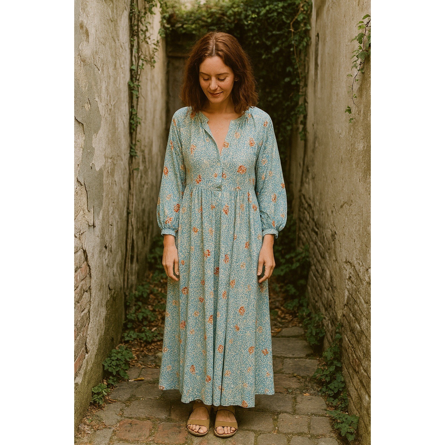 Natalie Martin Silk Dress Women Small Blue Floral Print Maxi Bohemian Australia