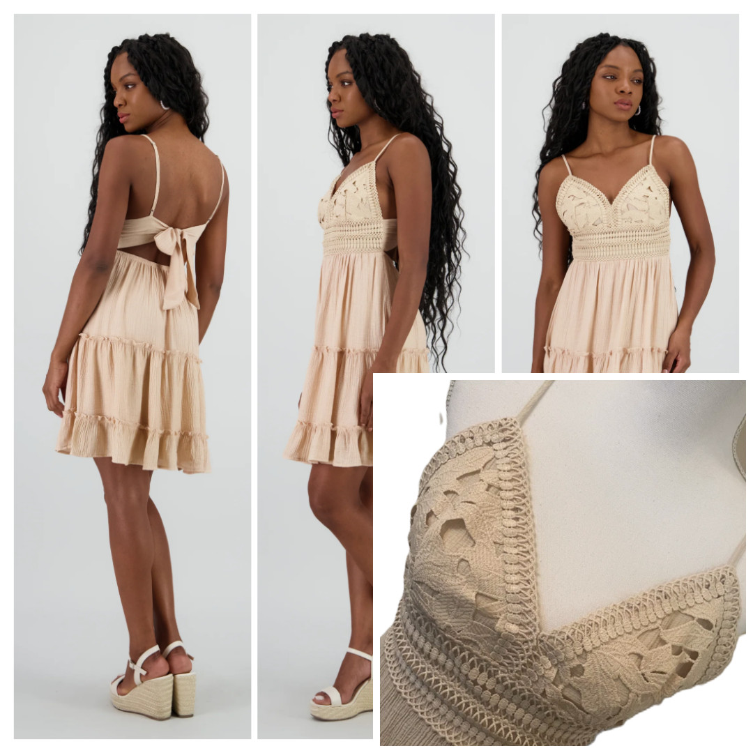 Crochet Halter Babydoll dress M Tie Back Tiered Boho Coastal cowgirl New Cottage