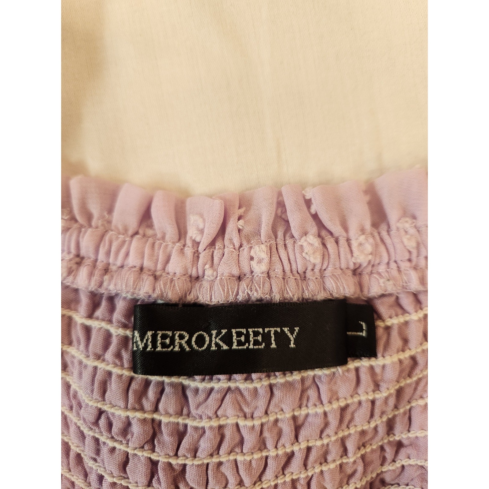 Merokeety Womens Lavender Swiss Dot Smocked Midi Dress Puff Sleeve Tiered Large