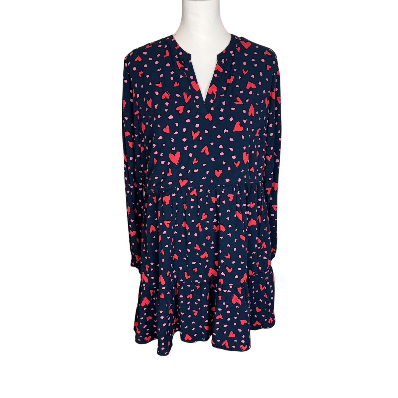 Sugarhill Brighton Navy Heart Print Smock Dress Tiered Long Sleeve Pockets US 10