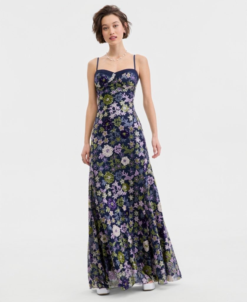Violet Weekend Juniors Gown 13 Navy Sequin Floral Sweetheart Lace-Up Back