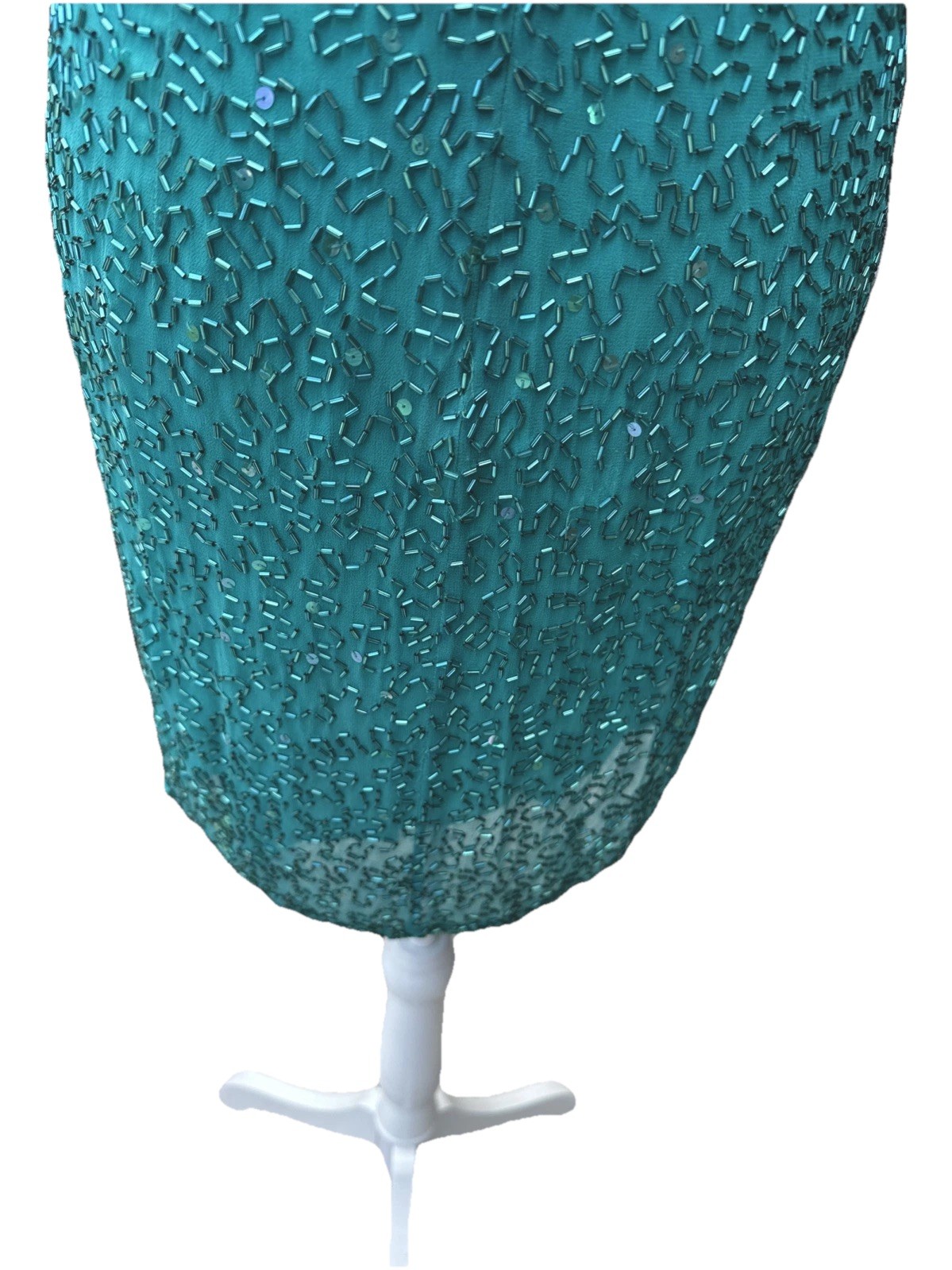 Cache Beaded Sequined Teal Formal Evening Dress Sz 8 Party 90s Y2K Flapper NYE