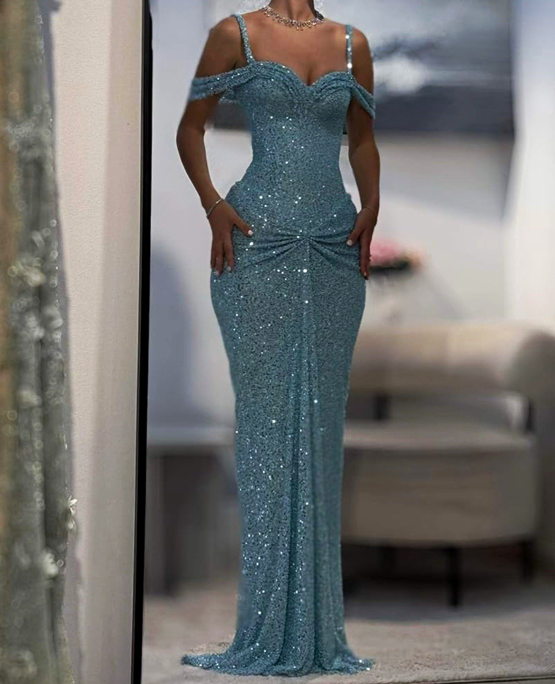 Women’s Blue Sequin Off-Shoulder Strappy Lace-Up Backless Long Sheath Dress