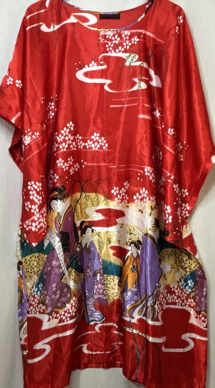 SilkDynasty Red Japanese Geisha Kimono Caftan Dress One Size Satin 28×35