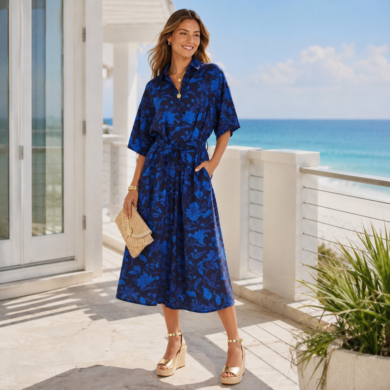 Tucker Safari Cotton Shirtdress L Blue Dutch Wallflower Quiet Luxury Midi NWT