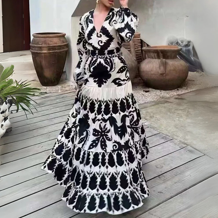 ZARA Black Ivory White Floral Maxi Ruffle Dress Puffy Sleeve Boho Art To Wear M