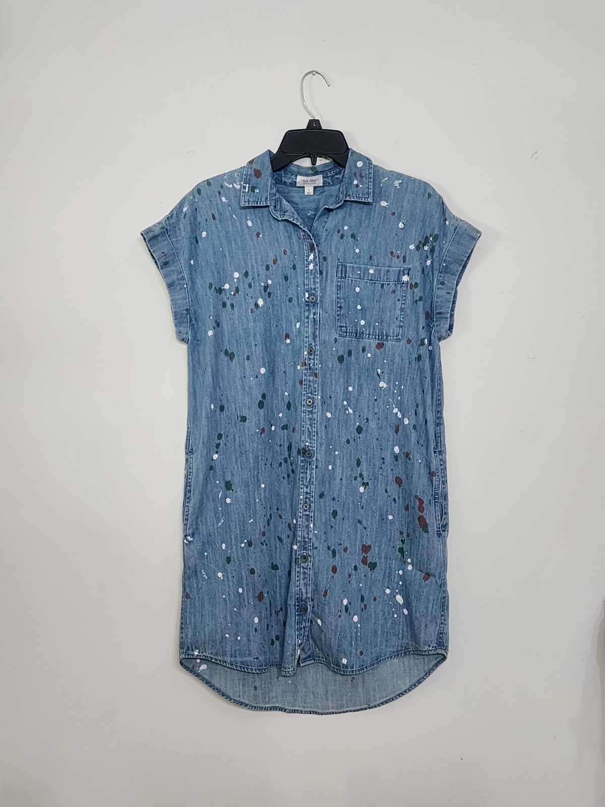 True Craft Distressed Paint Splatter Blue Denim Shirt Dress Pockets Women’s S