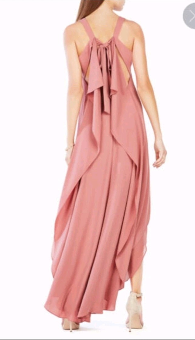 NWT BCBG MAXAZRIA SIZE S DACEY ROSE BACK CASCADE RUFFLE HIGH-LOW DRESS MRP $268
