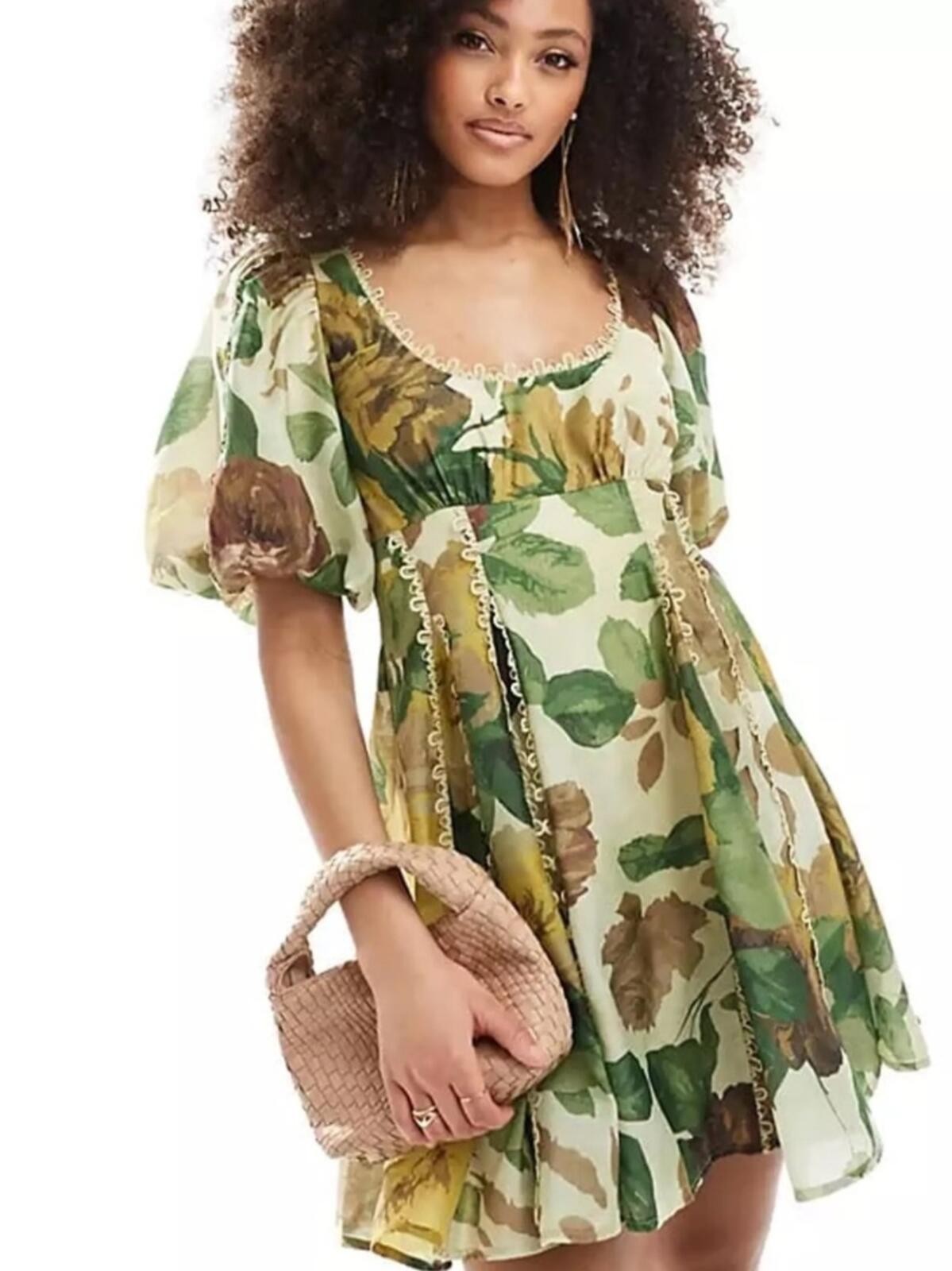ASOS Square Neck Lace Green Floral Puff-Sleeve Mini Dress