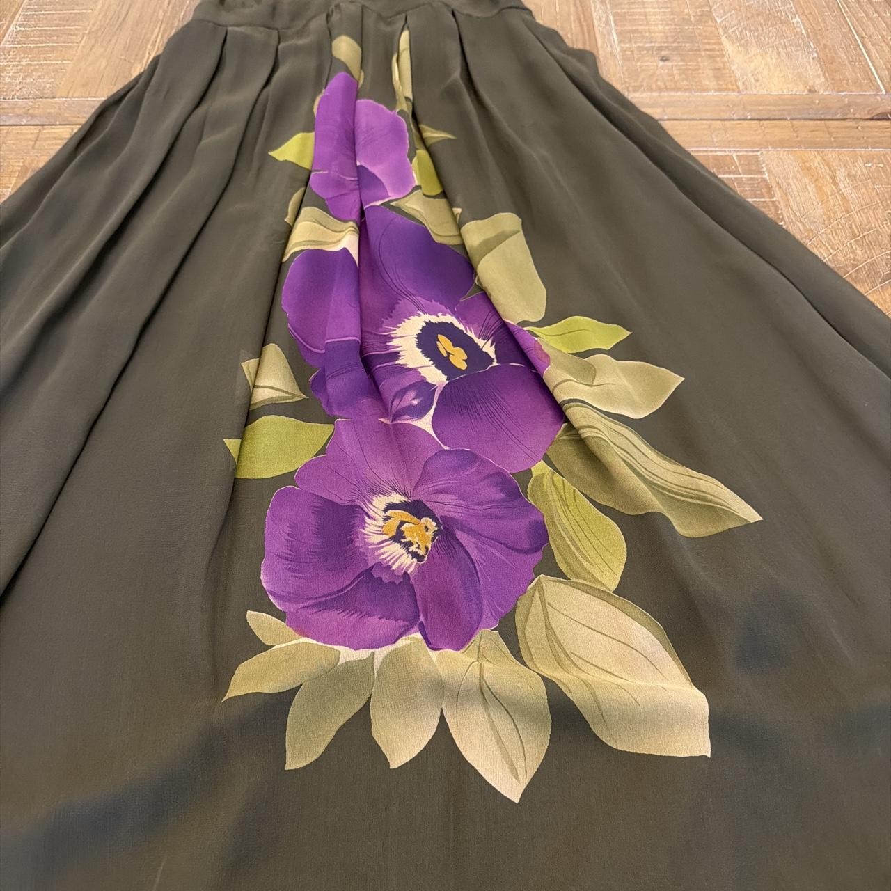 Ideology Olive Green Purple Floral Silk Dress Women Size 8 Empire Waist
