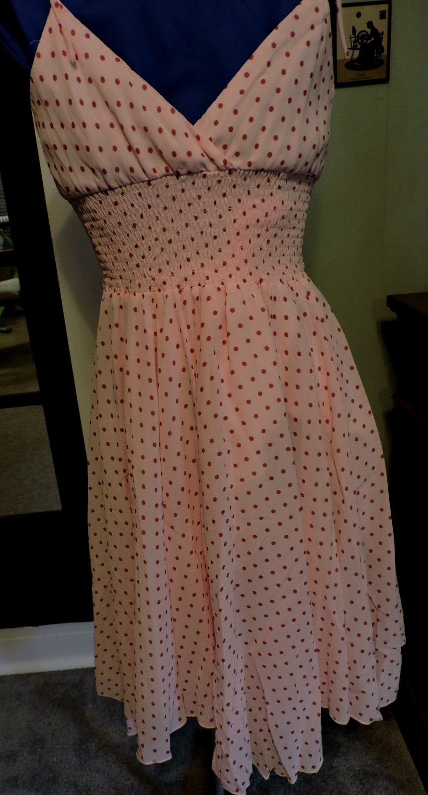 Kookai dress, light rose w/deeper rose polka dots, tie over shoulder