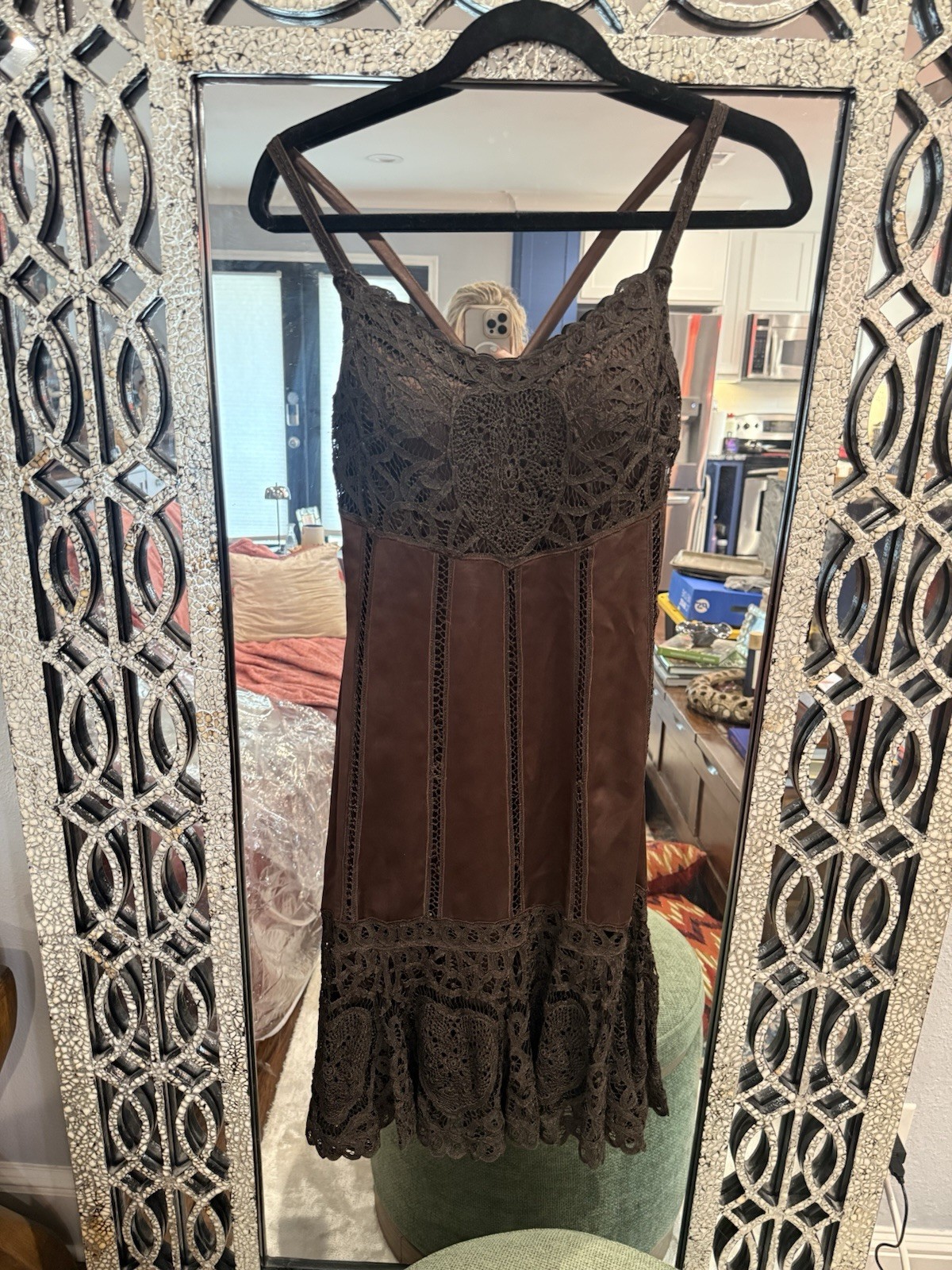 Sue Wong Brown Satin Lace Crochet Slip Dress Size 4 Y2K Boho Fairycore