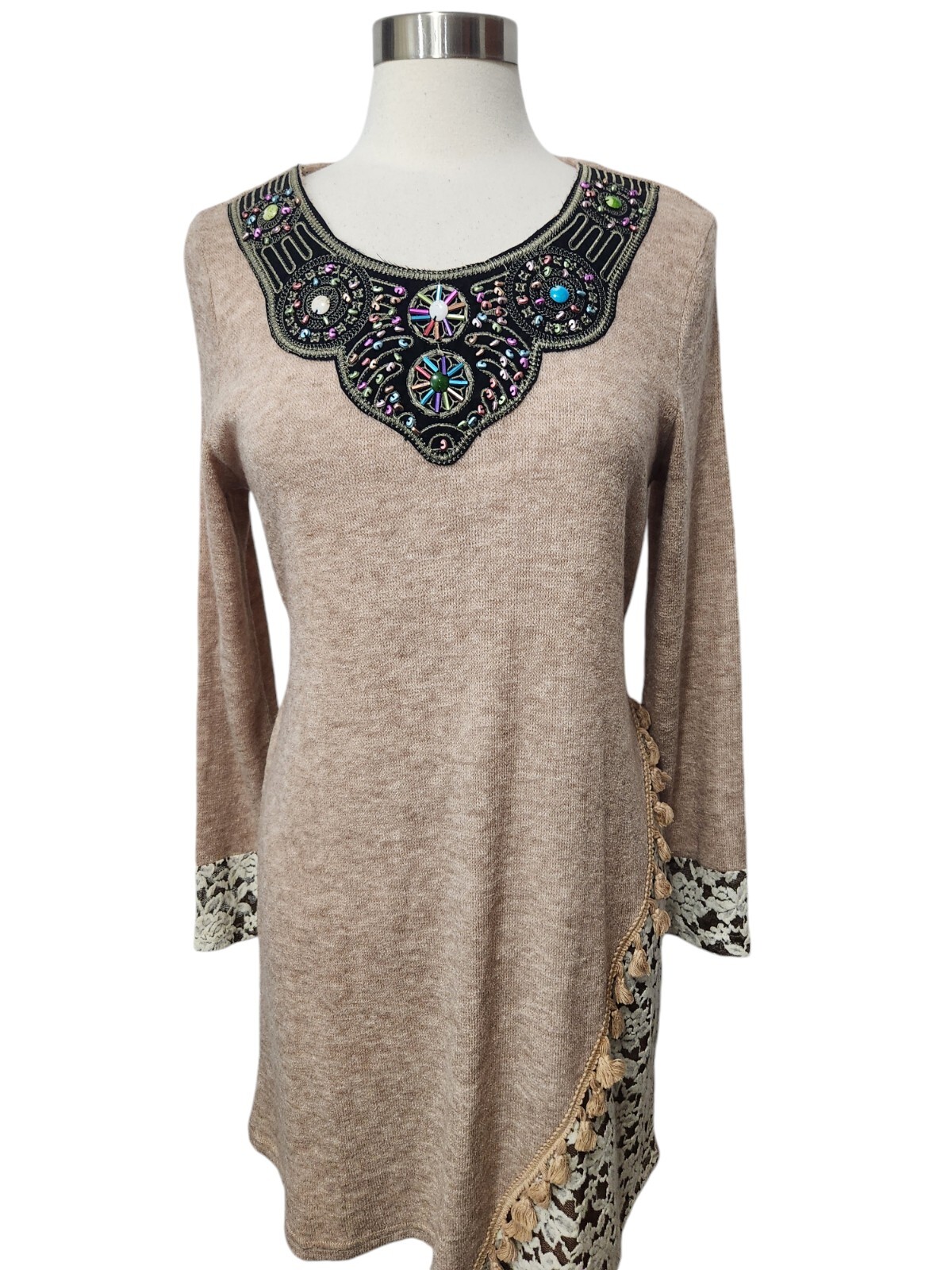 Simply Couture Brown Sweater Dress L Beaded Lace Embroidred Tasseled Back Tie