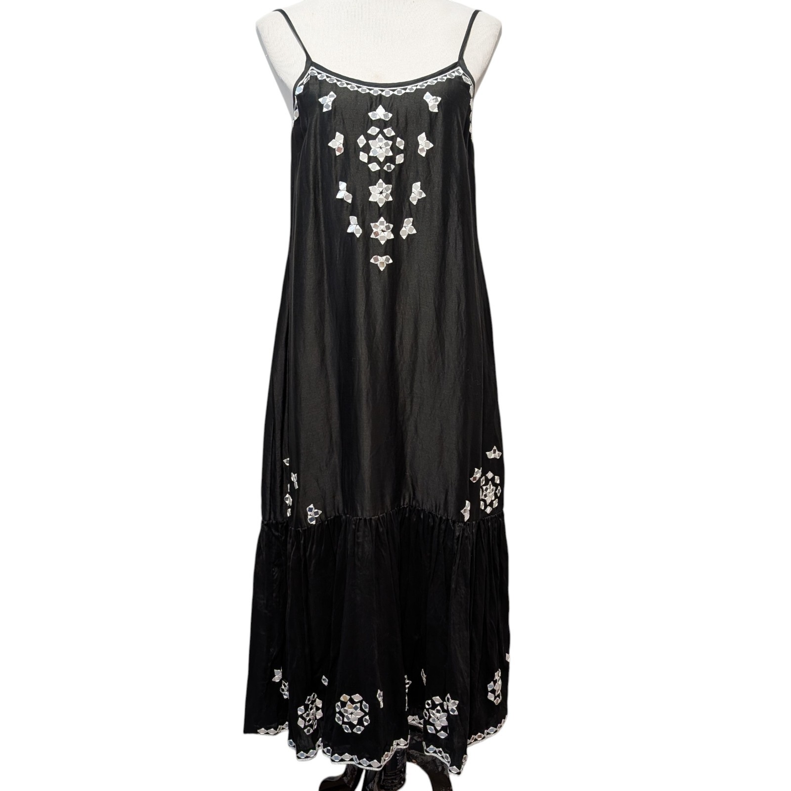 Benaras by Citrus Womens Sz S Black Beaded 100% Silk Ruffle Boho Maxi Dress