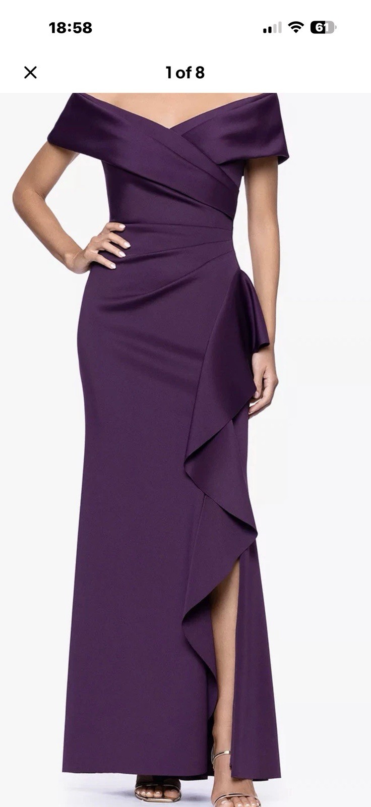 Xscape Purple Solid Off Shoulder Ruffle Ruched Long Formal Gown Dress 8