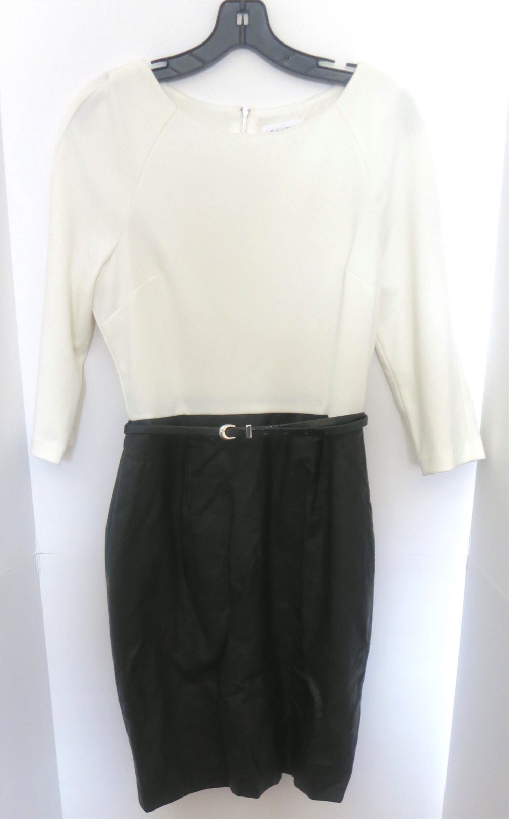 WOMENS CALVIN KLEIN BLACK & WHITE FAUX QUILTED LEATHER BELTED DRESS SIZE 6