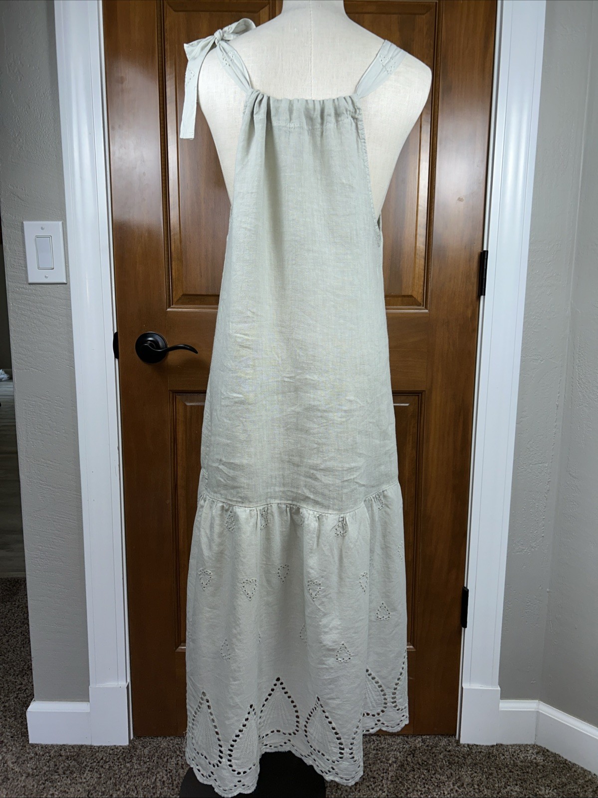 Valentina Naldi Sage 100% Linen Crochet Trim Tiered Relaxed Fit Midi Dress M