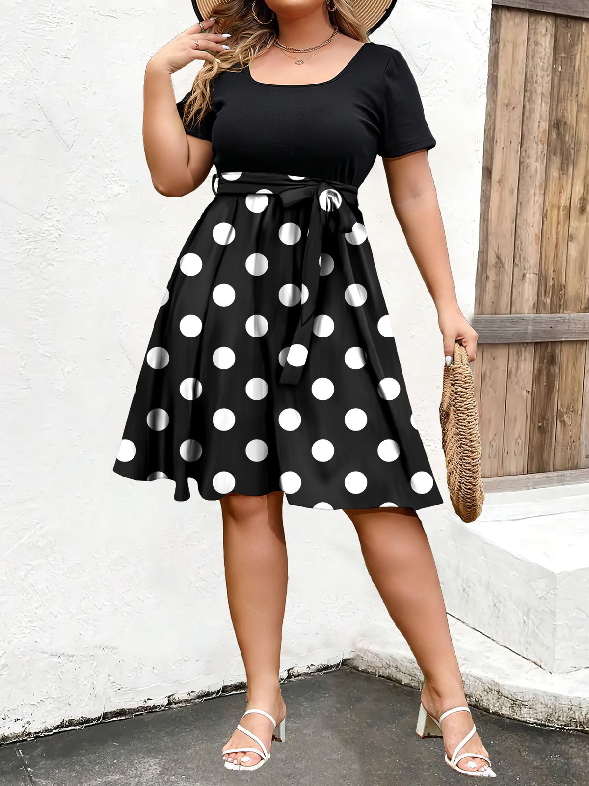 Women Plus Size Elegant Polka Dot Dress Short Sleeve Casual Dress 0XL-4XL