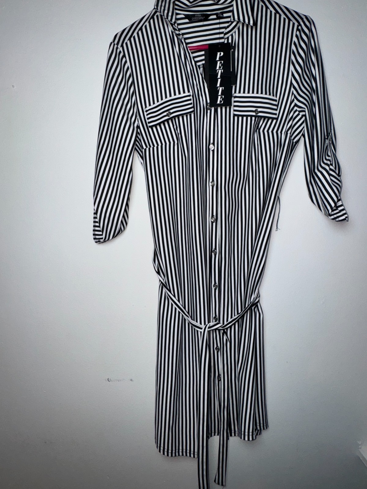 Mile Gabrielle Petite Striped Button-Down Shirt Dress Black White Roll Tab Sleev