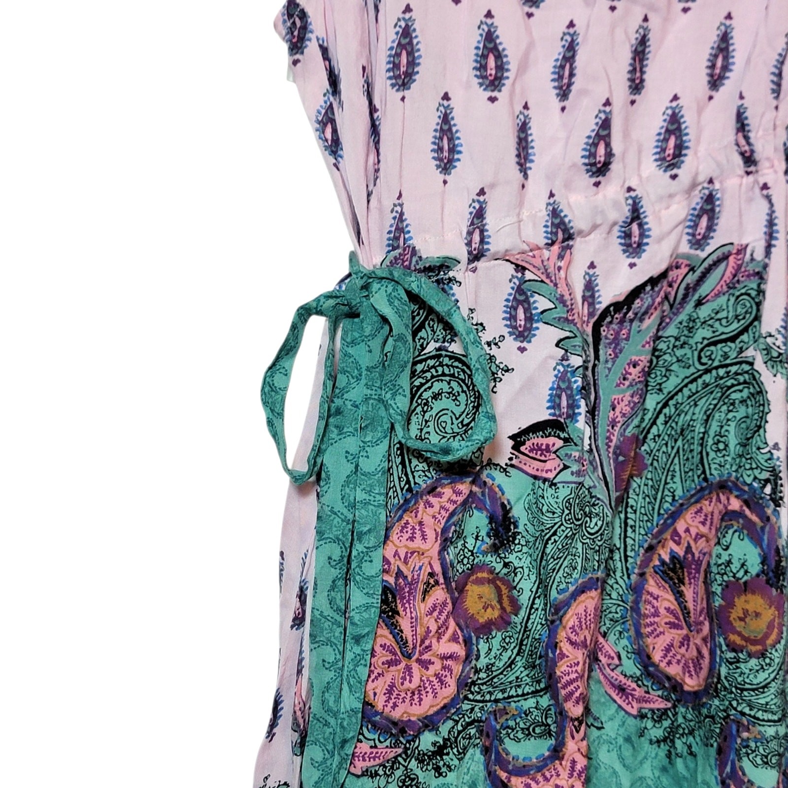 Free People NWT Paisley Boho Asymmetrical Tie Waist Dress Pink Teal Orange M