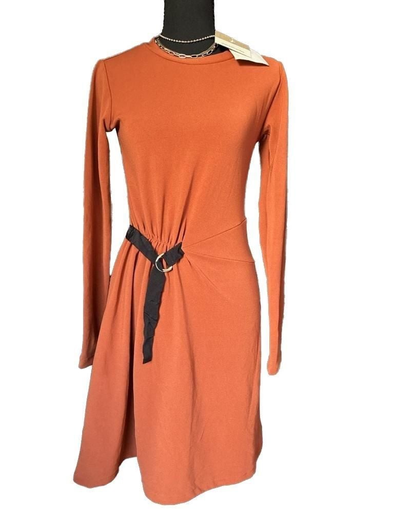 Stradivarius Long Sleeve Rust Knit Mini Dress with D-Ring Belt Detail