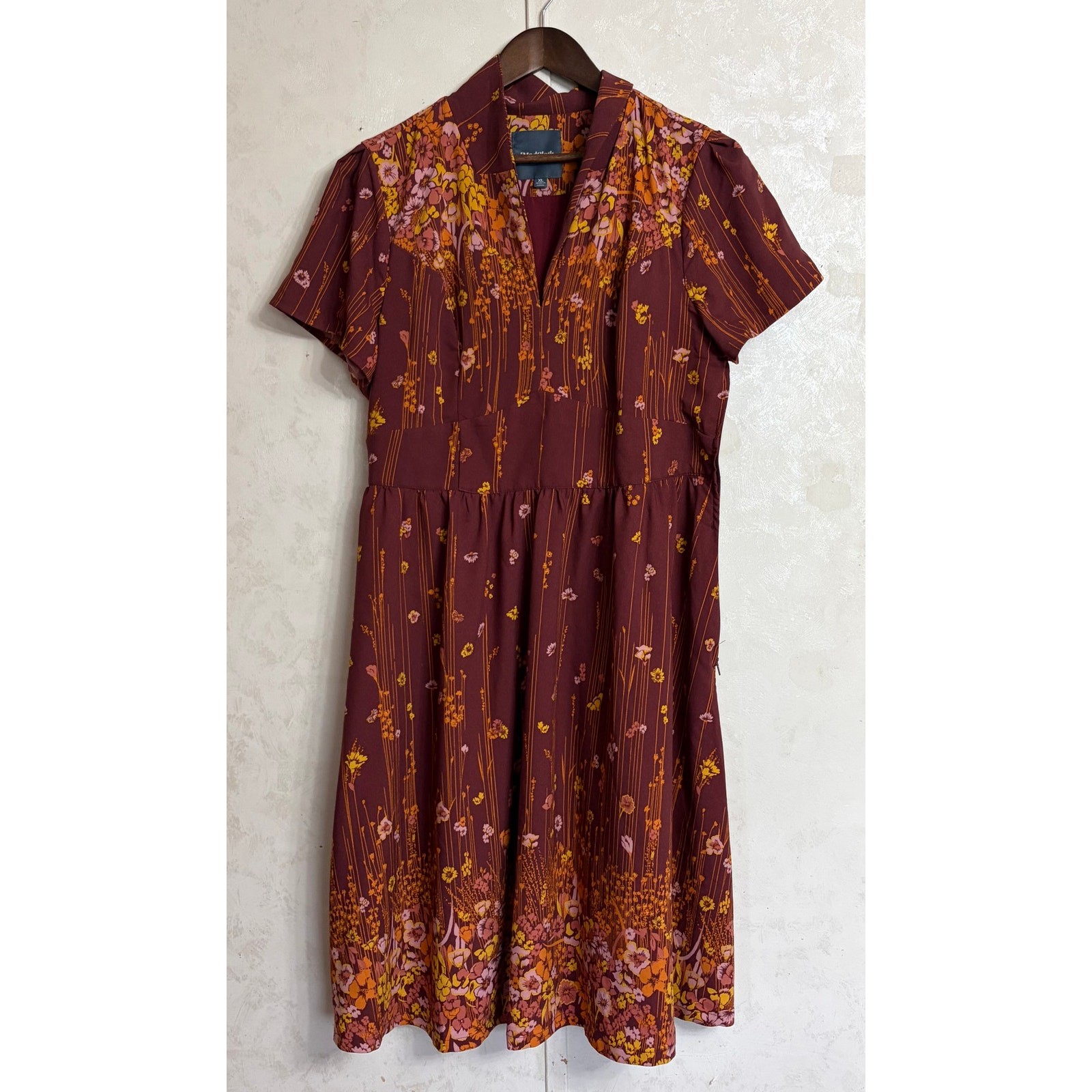 ModCloth Vtg-Inspired 60s 70s Boho Romantic Rustic Burgundy Fit-n-Flare Dress XL